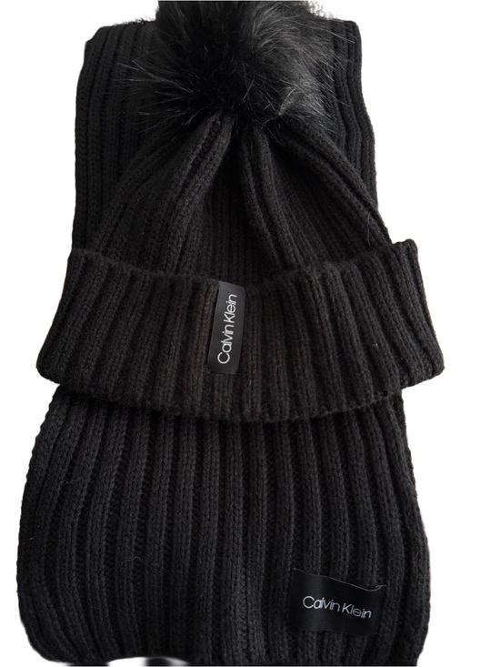 Calvin Klein Accessories - Calvin Klein Black Ribbed Knit Beanie with Faux Fur Pom and Scarf